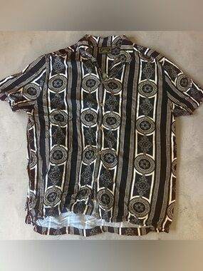 Casa Moda Couture Baroque Greek Key Medallion Short Sleeve Button Up Shirt M
